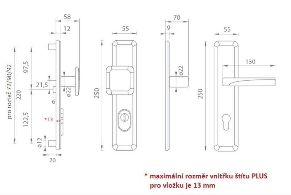 MP Kování MI - QB SECUR / ARTE - OCS - Chrom broušený - Štítové bezpečnostní kování
